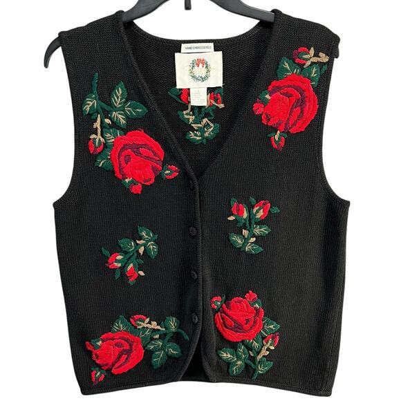 Christopher & Banks Vintage Sweater Vest Small Hand Embroidered Floral Holiday - Picture 1 of 12